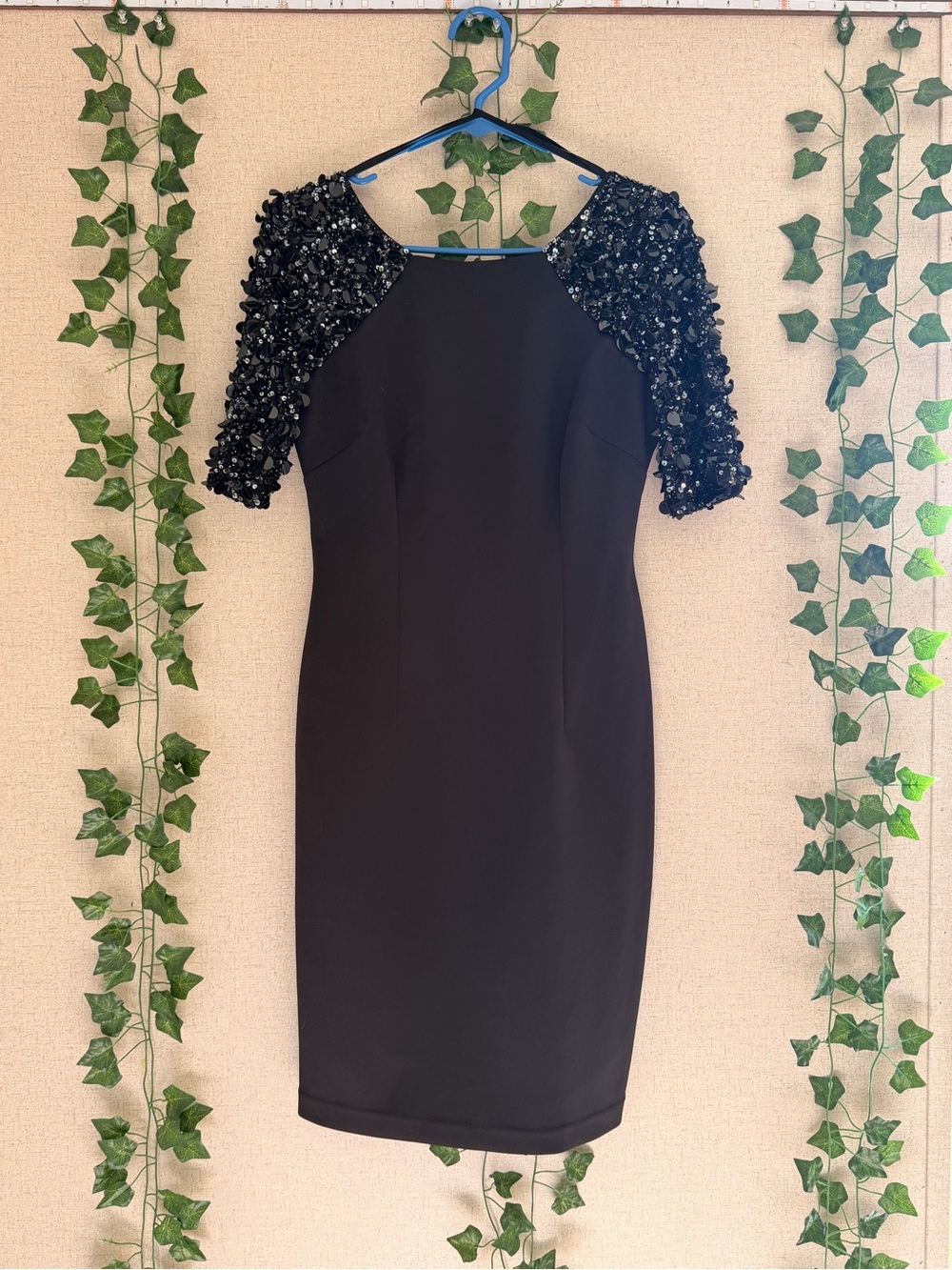 Adrianna Papell Black Midi Sheath Dress with Beaded Short Sleeves